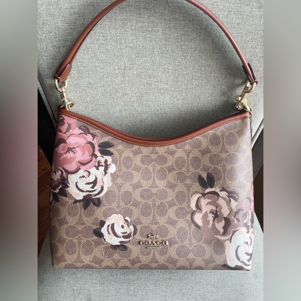 NWT！COACH LAUREL SHOULDER BAG IN SIGNATURE WITH ROSE PRINT（CY729）mother day gift